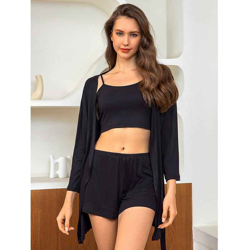 Modal Cotton Ribbed Camisole Nightgown Three-Piece Loungewear Set Sexy Pajamas