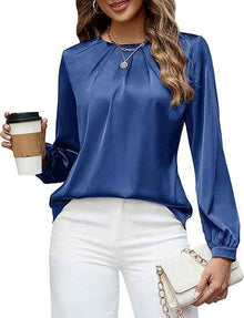 Womens Casual Pleated Long-Sleeve Top Satin Crew-Neck Shirt