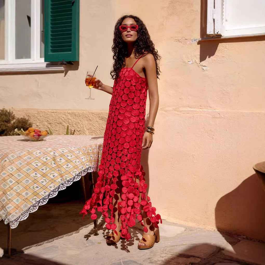 Hollow-out Polka-dot Midi Slip Dress