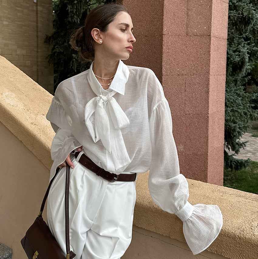 Retro Tie-Neckline Petal-Sleeve Top