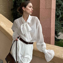 Retro Tie-Neckline Petal-Sleeve Top