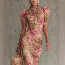 Puff-sleeve Printed Slim-fit Long Pleated Dress