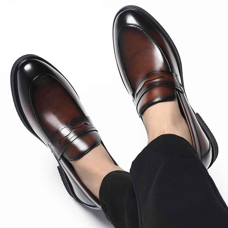Cowhide Business Formal Wear Men's Slip-on Invisible Height Increasing Leather Shoes