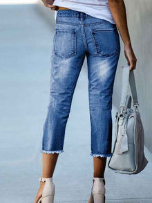 New Style Frayed Edge Slim Fit Women's Jeans Simple Versatile Capri Pants