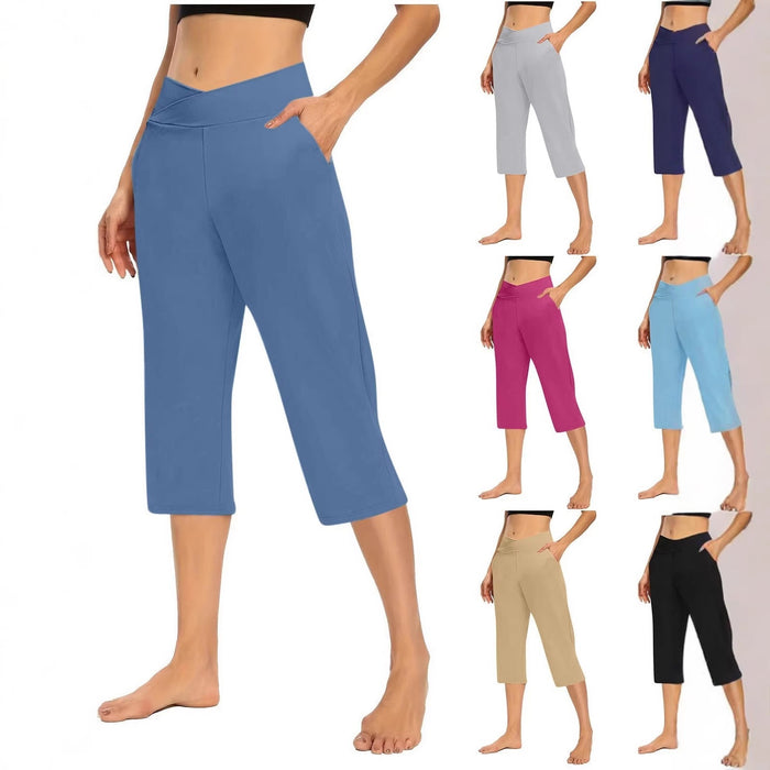 Pantalon de yoga corsaire uni à col en V pour femme avec poches