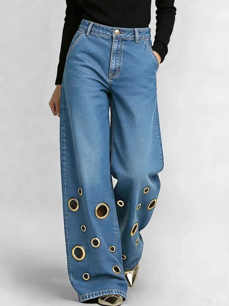 High-waisted Loose-fit Denim Jeans With Cutout Detailing And Metal Eyelets