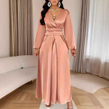 Satin V-neck Waist-cinched Maxi Dress With Puff Sleeves