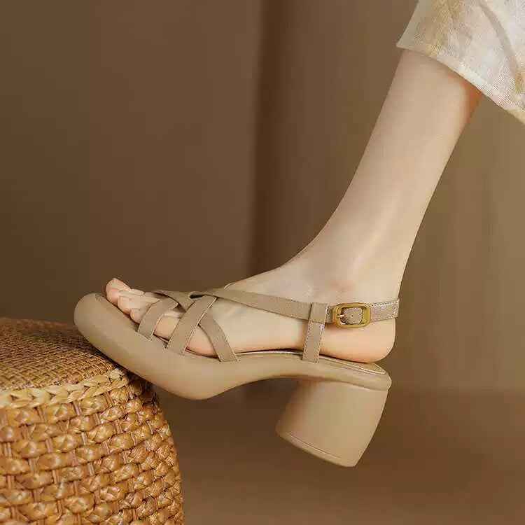 Retro Soft Leather High Heel Sandals For Women Platform Open Toe