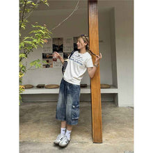 American-style Washed Loose-fit Multi-pocket Denim Capri Pants