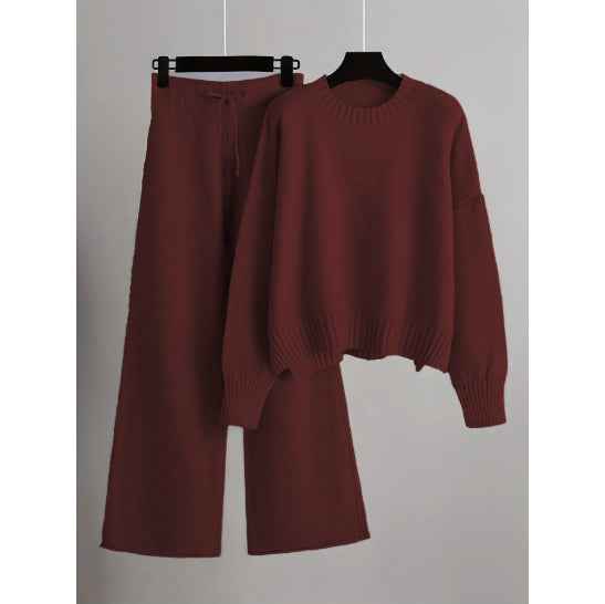 Women's Fashionable Casual Knitted Wide Leg Pants Set