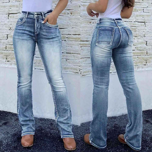 Retro Stretch Pocket Embroidery Patchwork Washed Denim Jeans