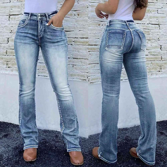 Jean en denim délavé à empiècements brodés avec poches stretch rétro