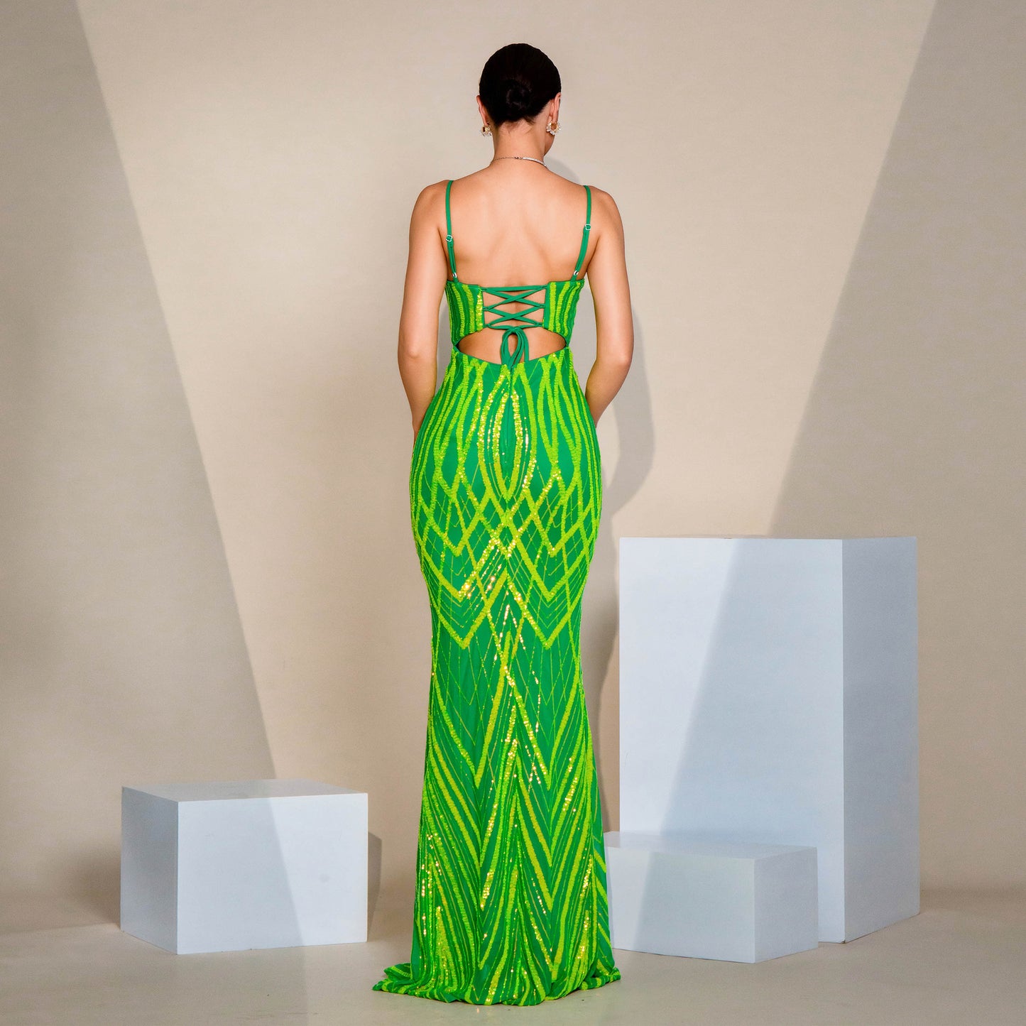 V-neck Strap Sequined Fishtail Evening Dress by Mirlaine Univers
