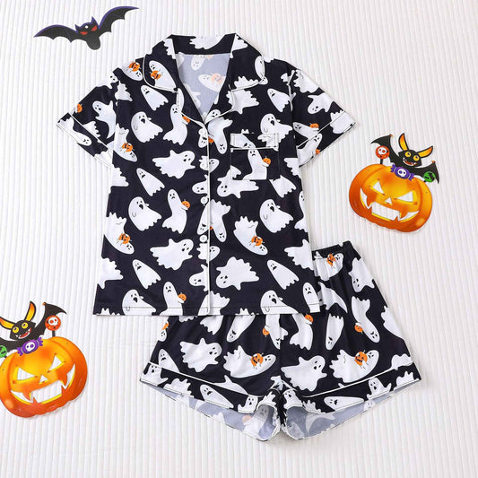 Cuban Collar Halloween Pumpkin Head Women's Short Sleeve Suit