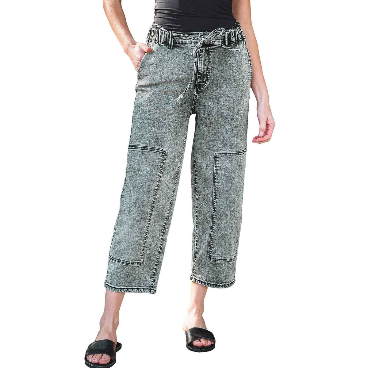 Washable Straight-leg Pants With Multiple Pockets And A Drawstring