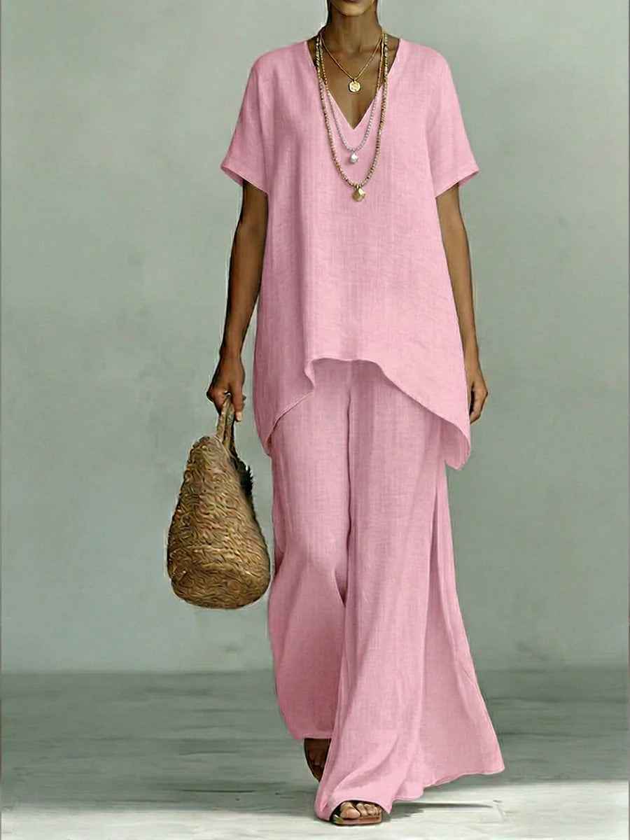 V-neck Short-sleeve Fashionable Loose Top And Wide-leg Pants Set