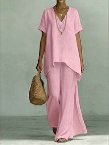 V-neck Short-sleeve Fashionable Loose Top And Wide-leg Pants Set