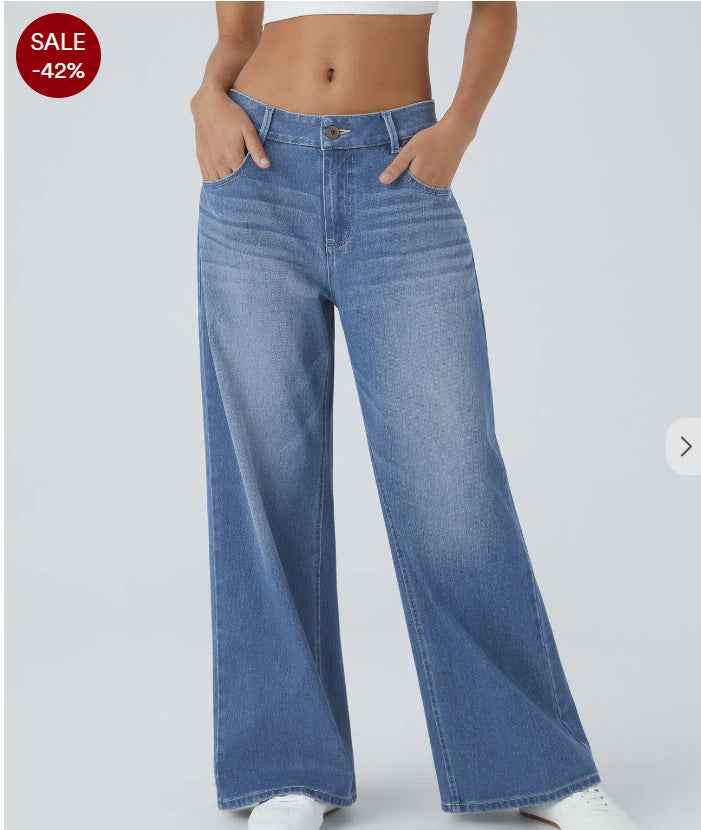 Women's Retro Washed Denim Wide-Leg Jeans With Multiple Textures