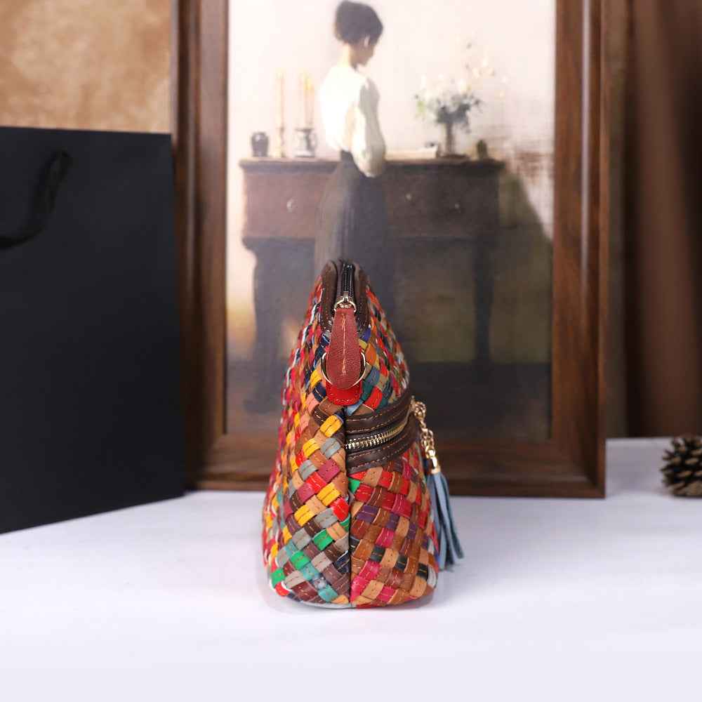 Womens First-Layer Colored Leather Shoulder Bag With Woven Design