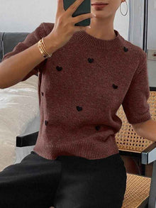 Womens Crew-Neck Pullover Heart Jacquard Knitted Sweater