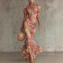 Puff-sleeve Printed Slim-fit Long Pleated Dress