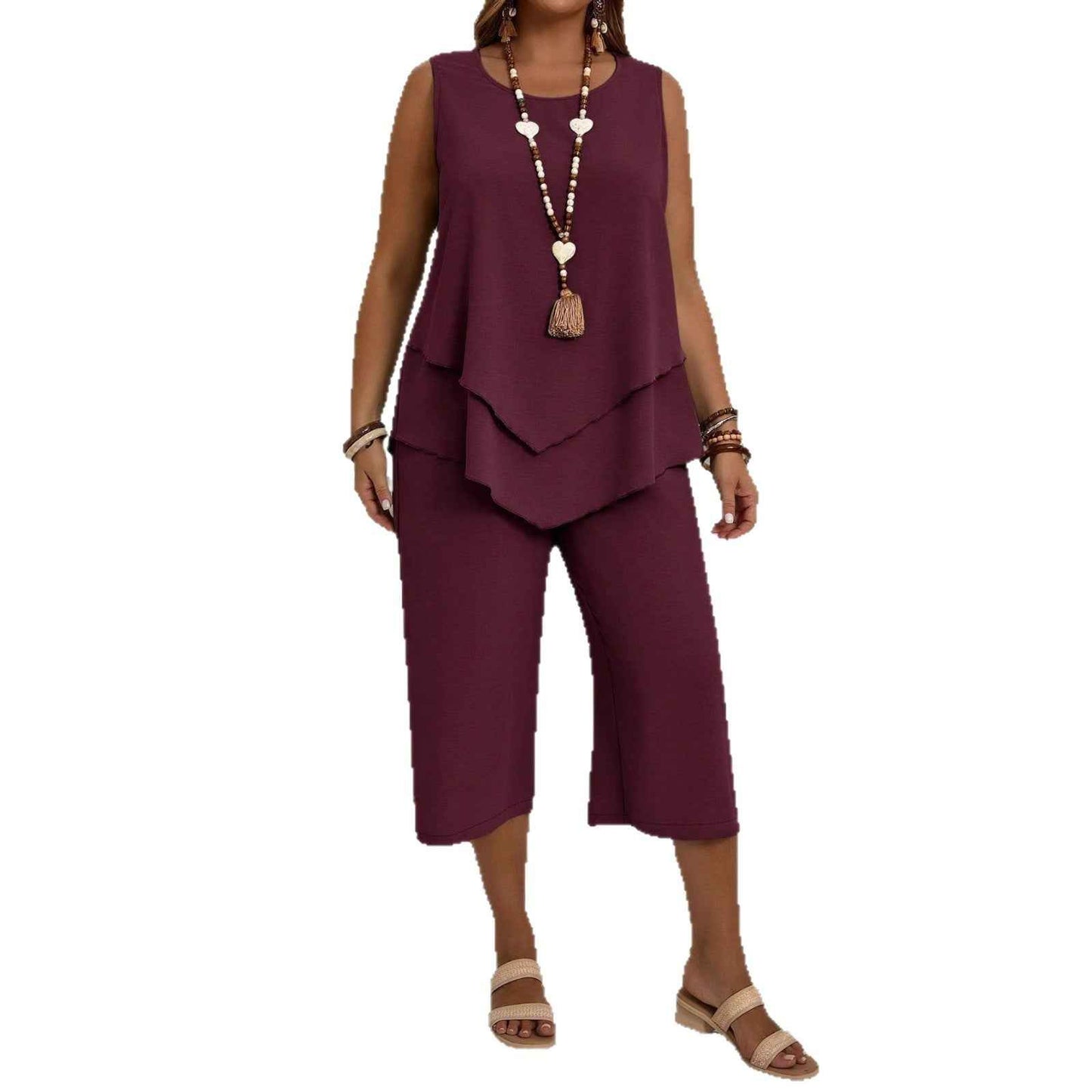 Casual Solid-Colored Sleeveless Top And Cropped Pants Two-Piece Set