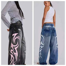 Womens Distressed Relaxed-Fit Denim Jeans With A Bold Totem Print And Extra-Wide Legs