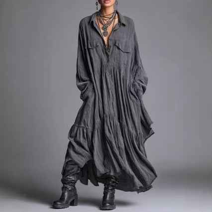 Artistic Retro Loose Pleated Long-Sleeve Shirt Dress