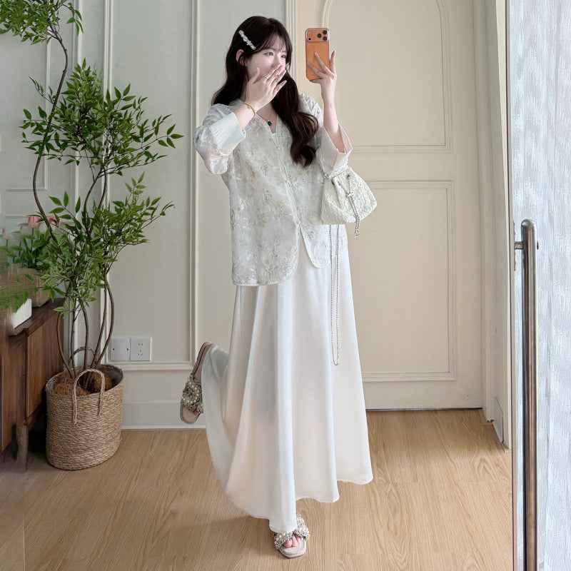 Chinese-style Elegance Craftsmanship-Embossed Sun-Protective Shirt And Slip Dress Set