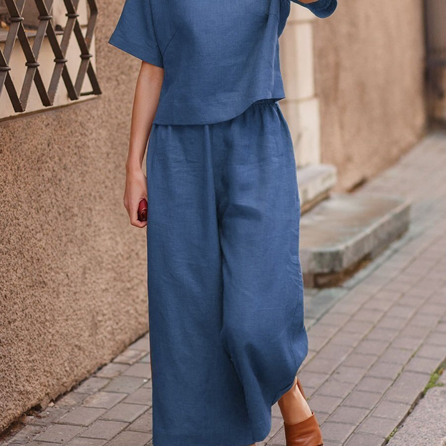 European And American Women's Linen Casual Loose Solid Color Suit Two-piece Women by Mirlaine Univers