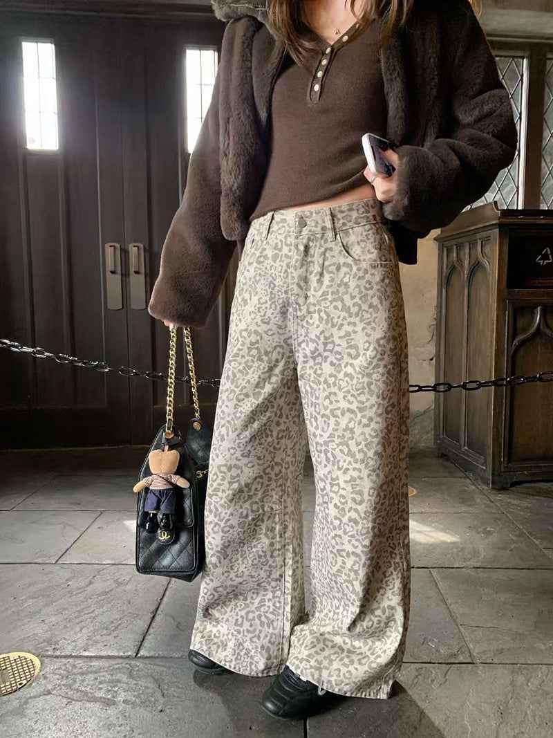 Leopard-print Vintage Distressed Casual Jeans