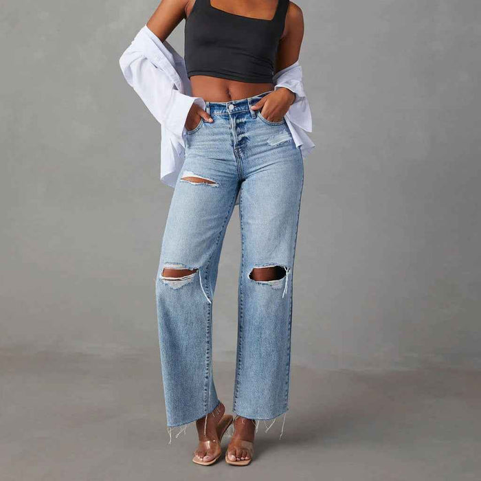 Jean droit pour femme, style décontracté, denim délavé à ourlet brut effet déchiré