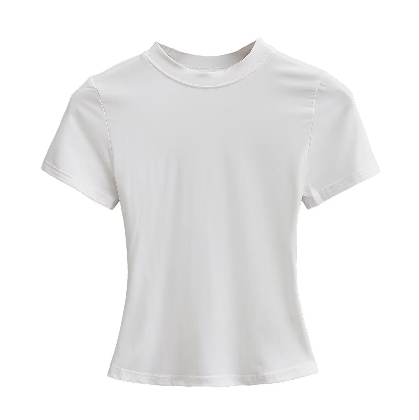 Solid Color Small Round Neck Elastic Shoulder Short Sleeve T-shirt Basic Style Waist-tight by Mirlaine Univers