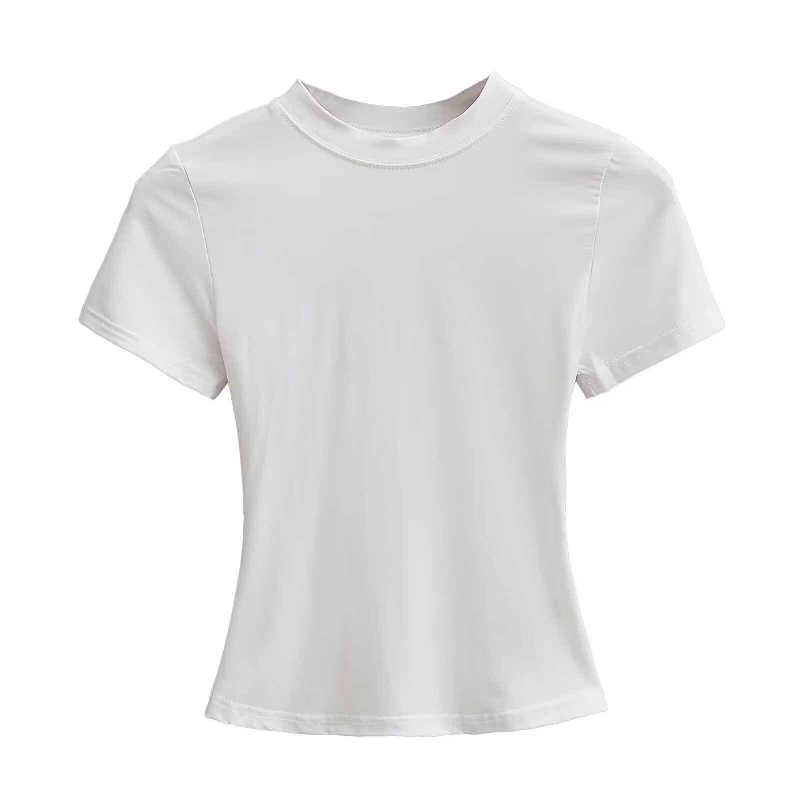 Solid Color Small Round Neck Elastic Shoulder Short Sleeve T-shirt Basic Style Waist-tight by Mirlaine Univers
