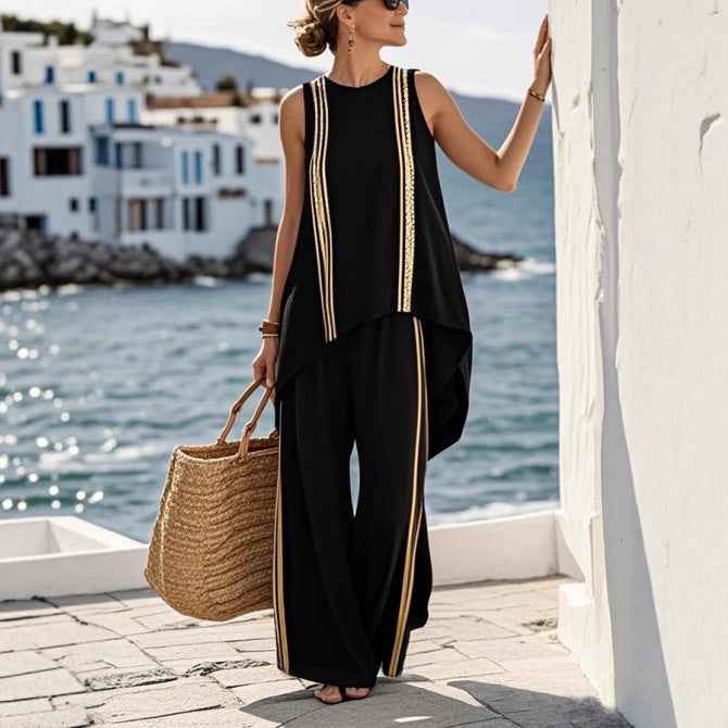 Women's Loose Fashionable Casual Sleeveless Striped Pants Set