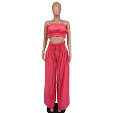Summer Autumn Solid-Color Womens Casual Tube Top And High-Waist Drawstring Wide-Leg Pants