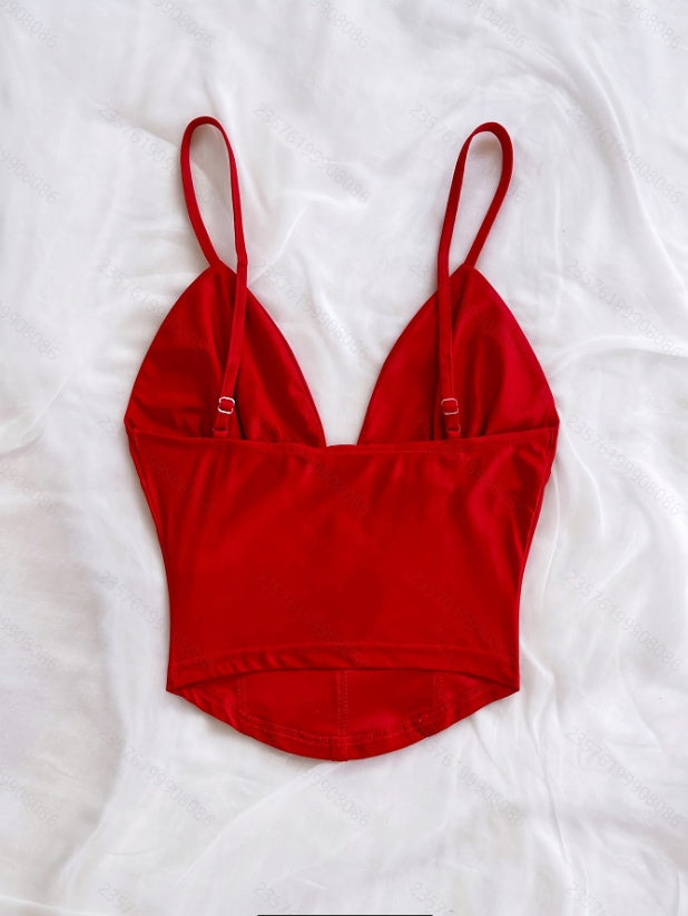 Women's Spring Summer Retro V Neck Off Shoulder Camisole Top
