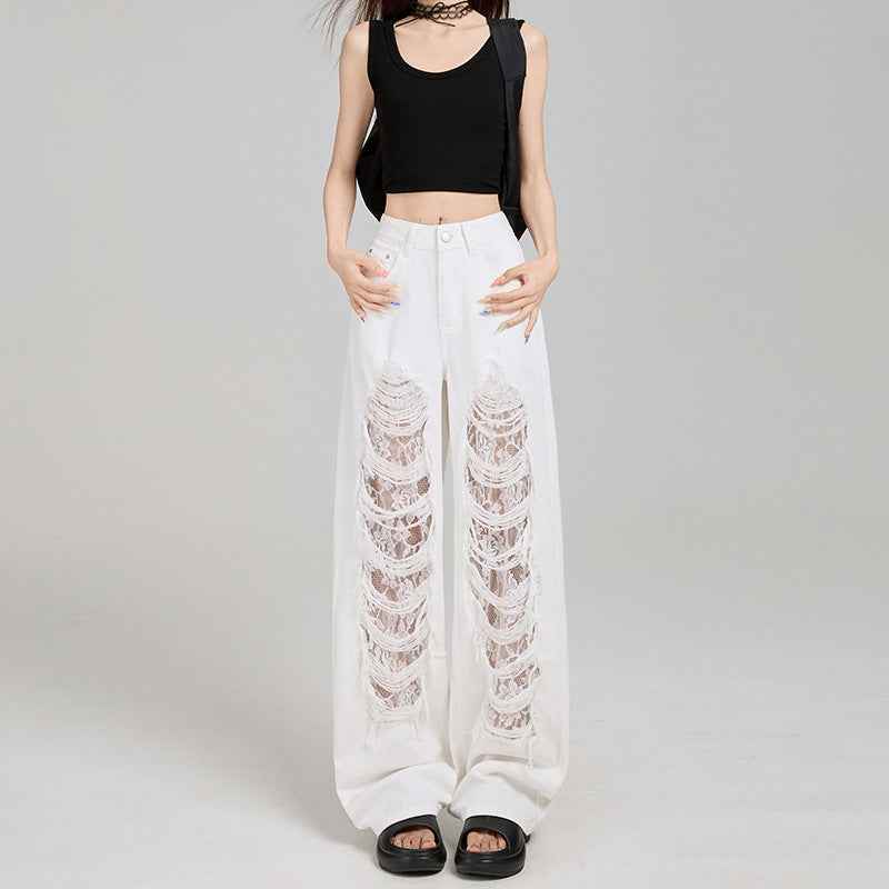 Women's Off-White Ripped Lace High-Waist Loose Denim Jeans