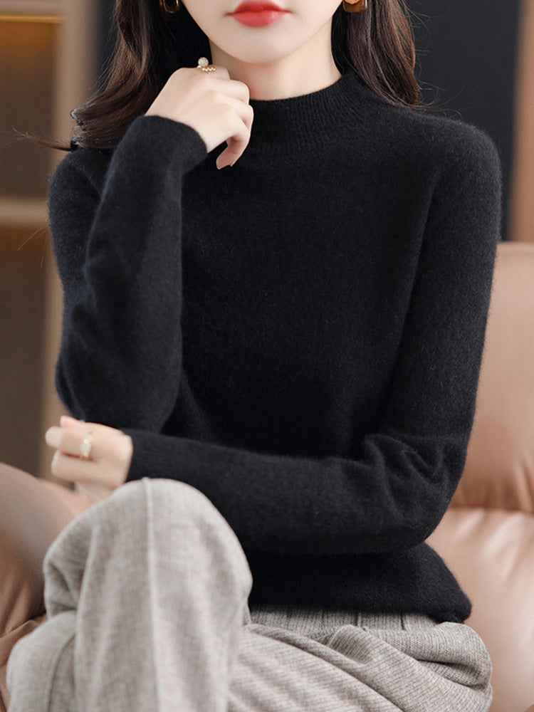 Half High Collar Pure Wool Women's Long Sleeved Knitted Base Sweater