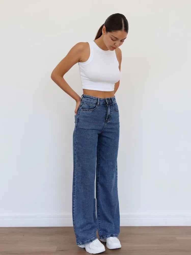European And American-style Casual Solid-color Straight-leg High-waist Womens Washed Denim Jeans