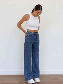 European And American-style Casual Solid-color Straight-leg High-waist Womens Washed Denim Jeans