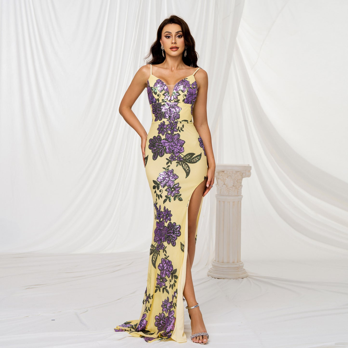 V-neck Brace Slim-fit Sheath Sequined Slit Evening Dress by Mirlaine Univers