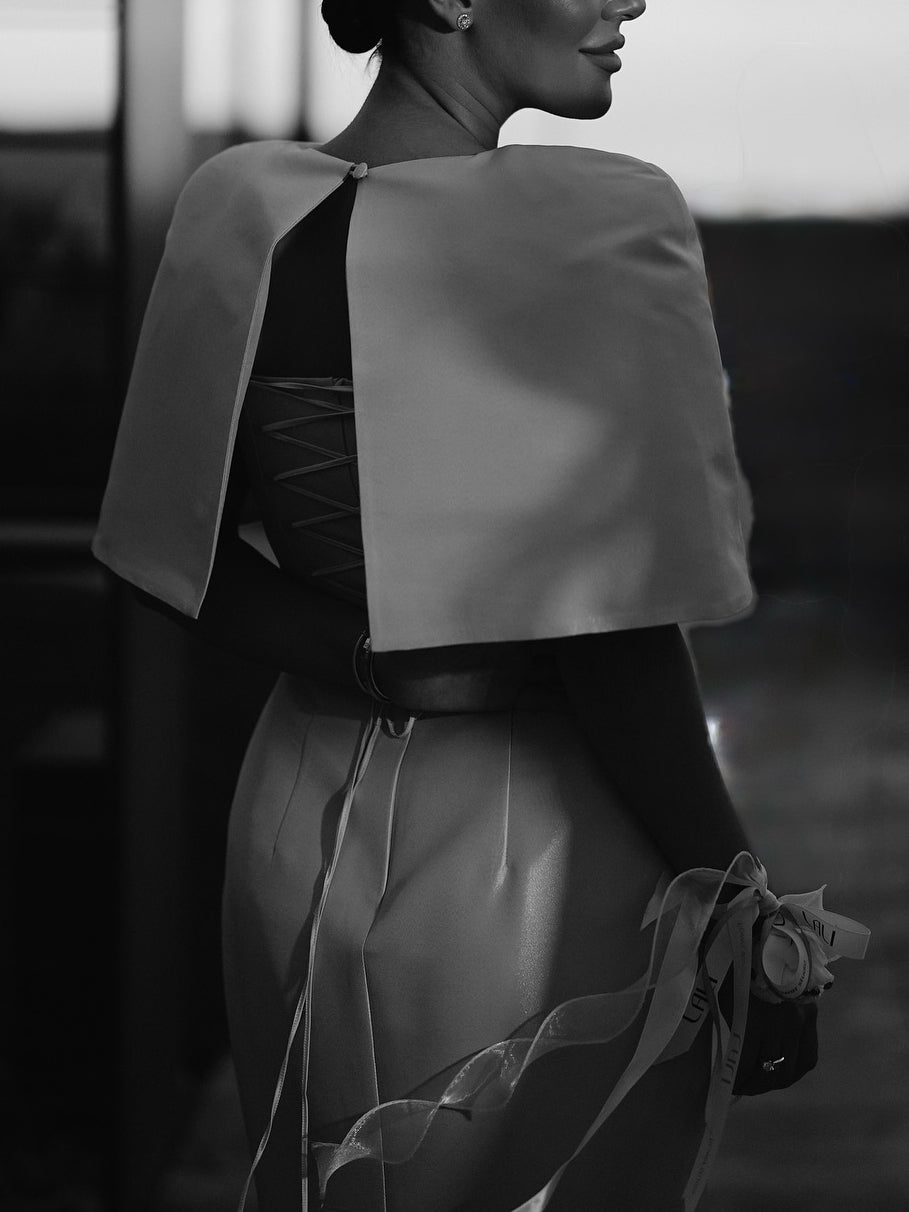 Satin Cape-style Top &Fitted Maxi Dress Set by Mirlaine Univers