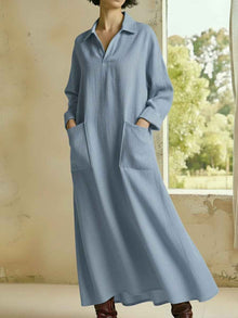 Loose-fitting Casual Polo-neck Pocketed Long-sleeve Dress