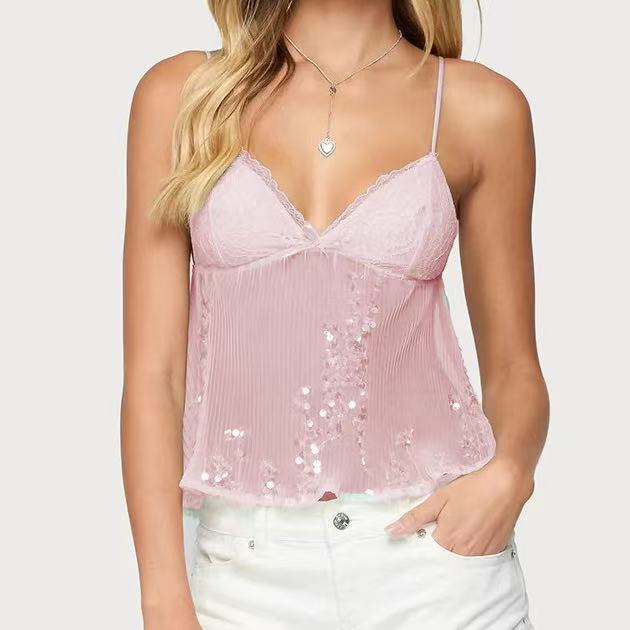 Womens Transparent Lace Camisole Off Shoulder Tie Up