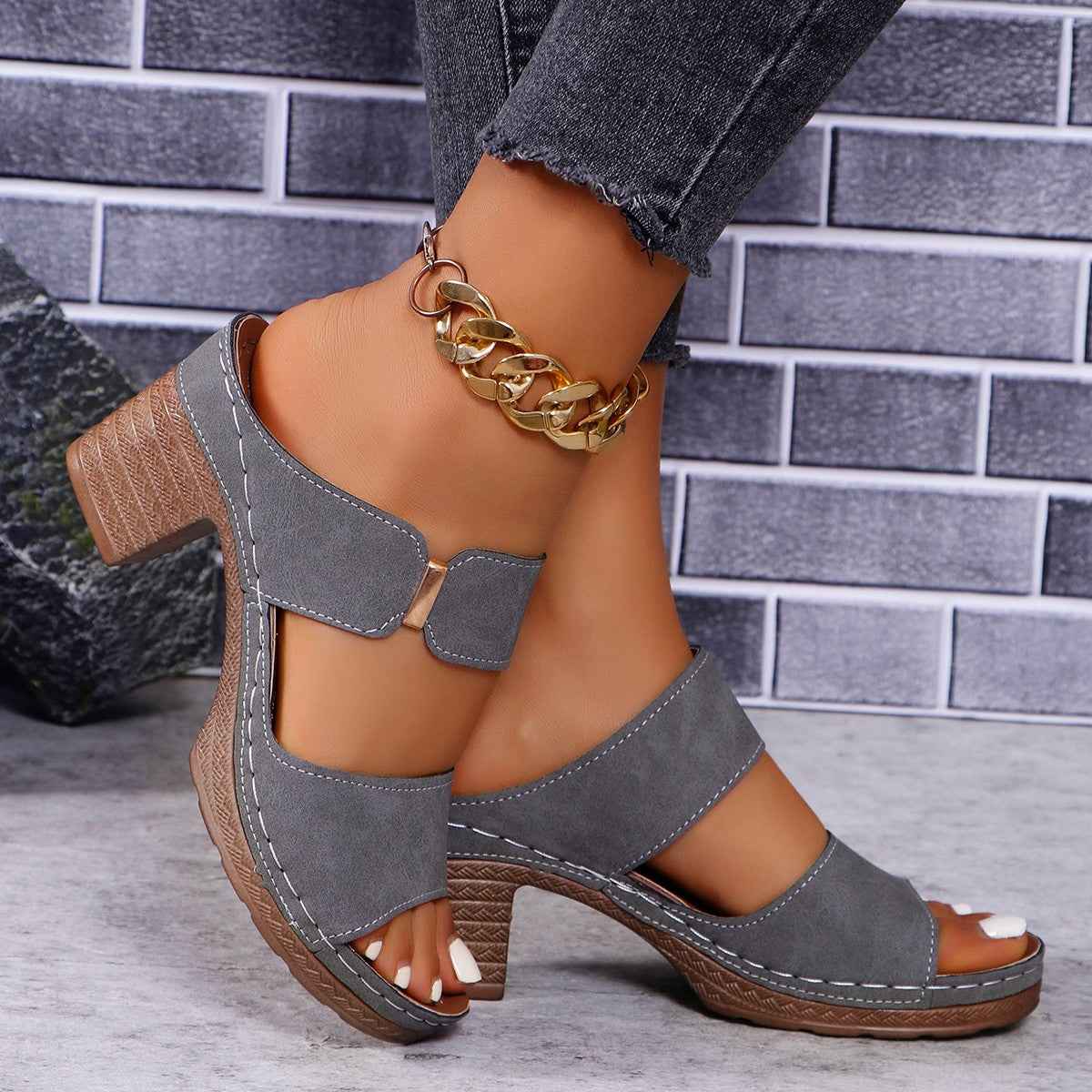 Chunky Heel Sandals Summer Round Toe Plaid Slides Slippers Fashion Outdoor High Heels Shoes For Women