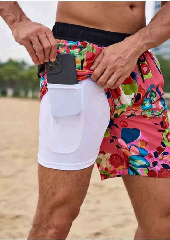 European And American 3D Digital-printed Mens Double-layer Beach Shorts