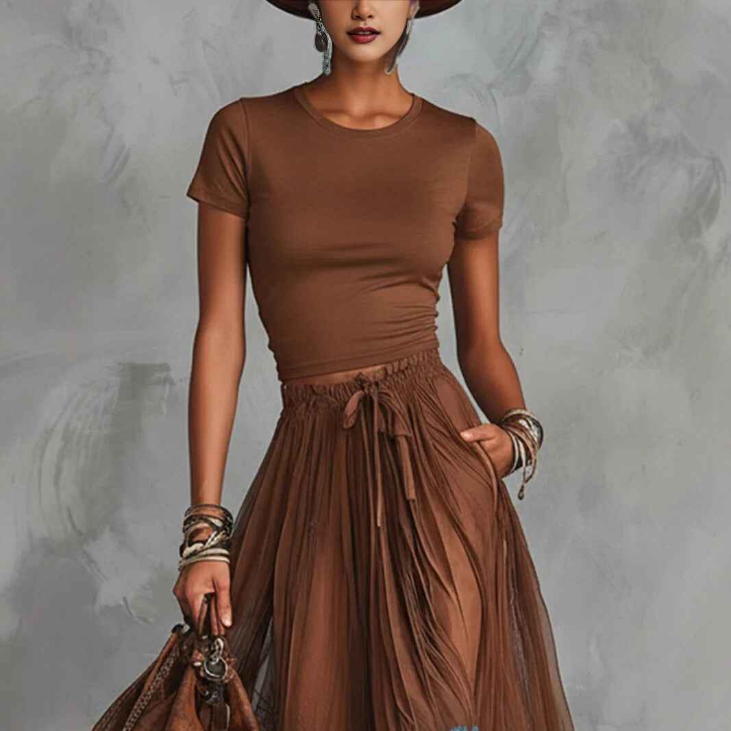 Short-sleeve Top And Lace-panel Midi Skirt Set