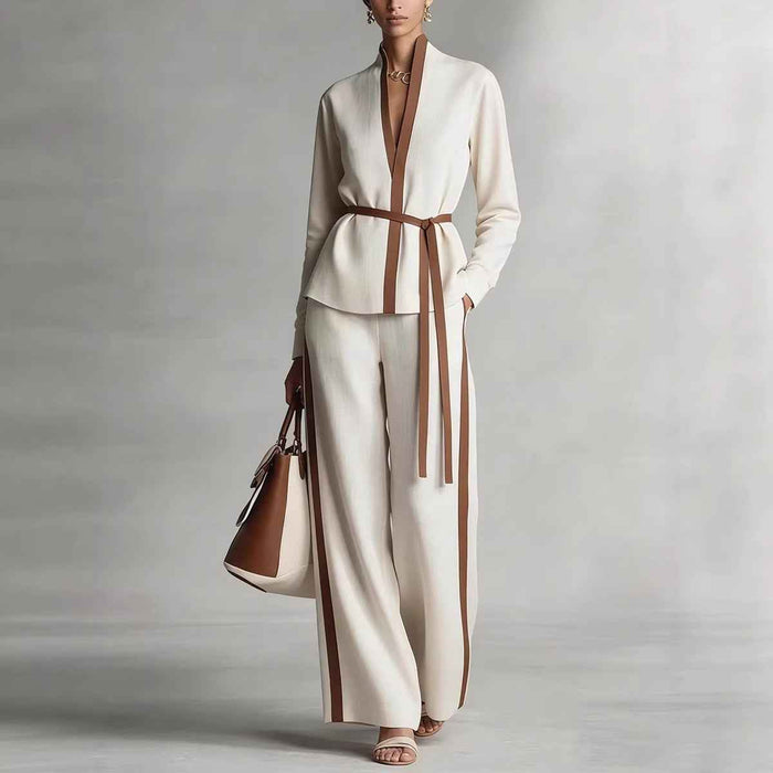 Women's Casual Patchwork Cardigan Shirt And Wide-Leg Pants Set