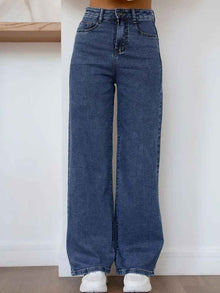European And American-style Casual Solid-color Straight-leg High-waist Womens Washed Denim Jeans